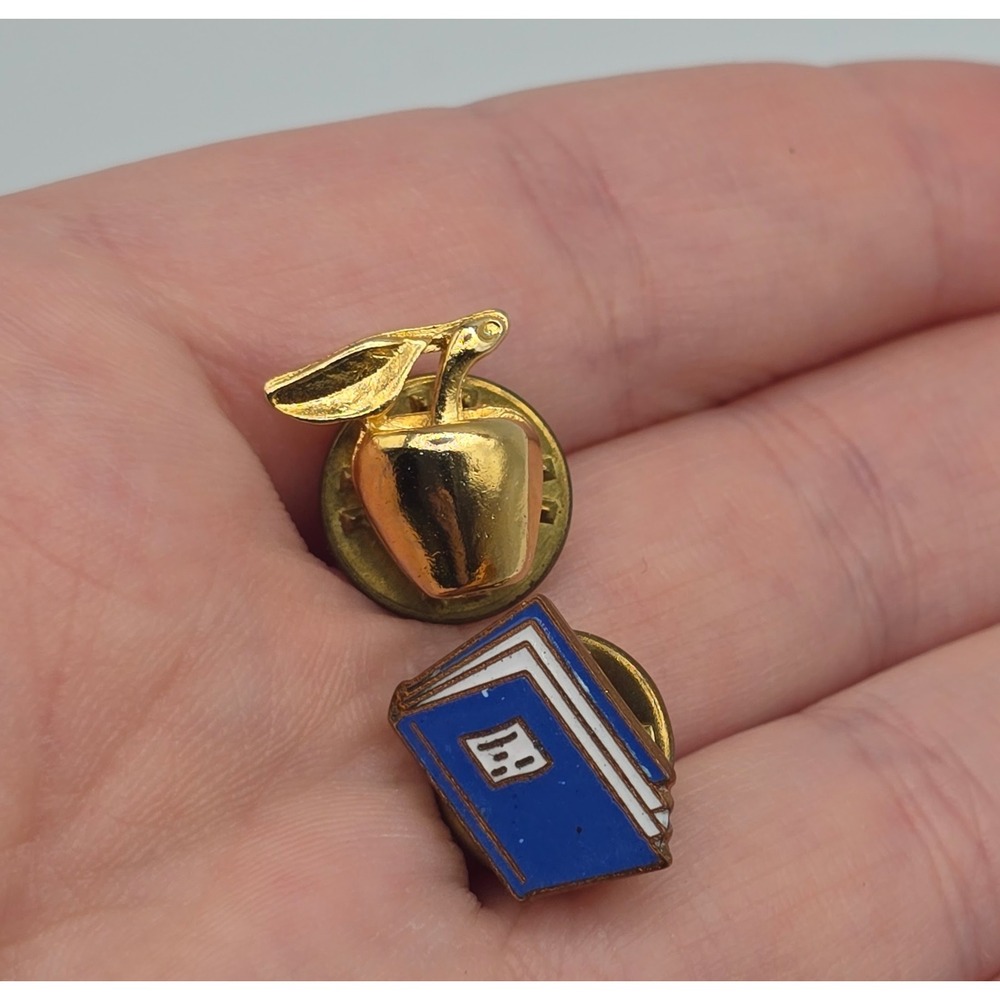 Vintage 90s Enamel Pin Set Teacher School Gold Blue Apple Book Gift Academic